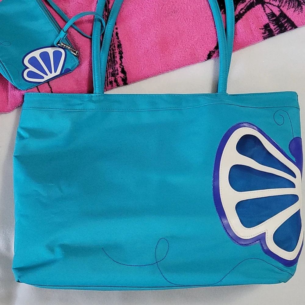 NEW Large Canvas Beach Tote Bag Butterfly Summer Living Turquoise Blue 2pc set